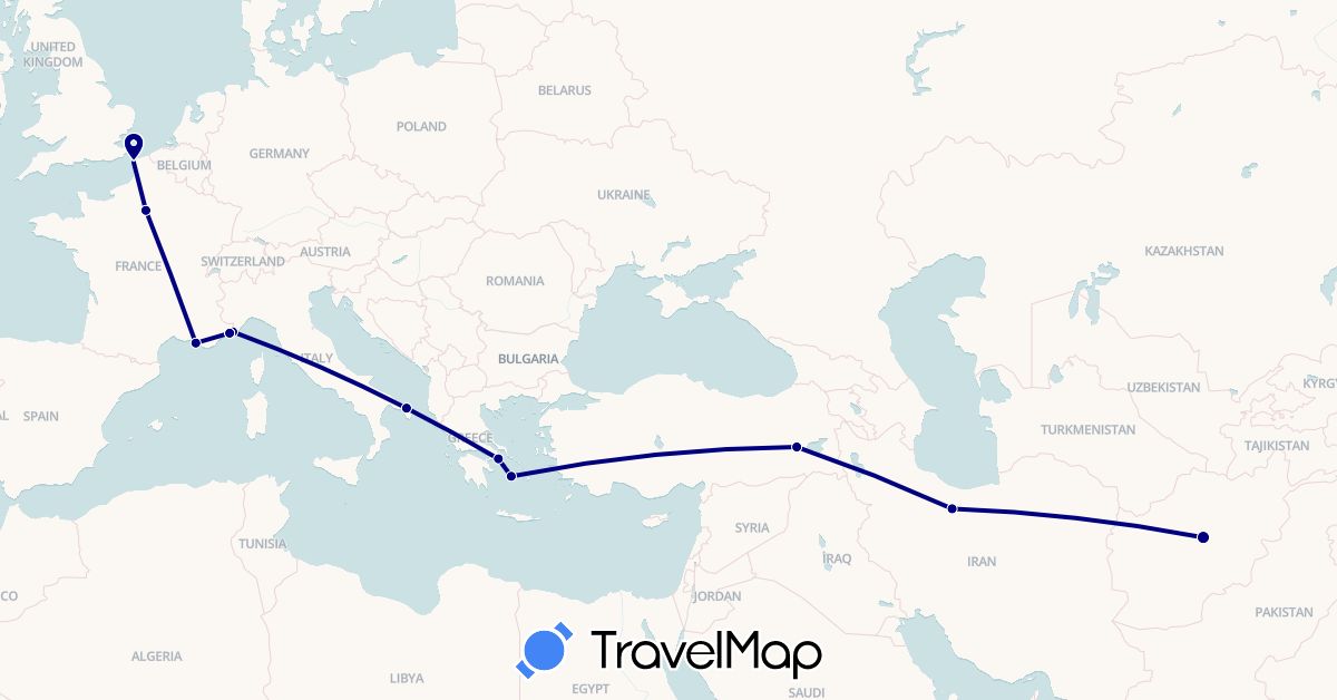 TravelMap itinerary: driving in Afghanistan, France, Greece, Iran, Italy, Monaco, Turkey (Asia, Europe)